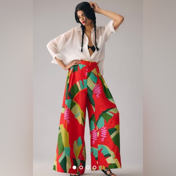 FARM Rio Pants - Farm Rio Floral Red Women Pants Size LARGE 100% Linen Anthropologie